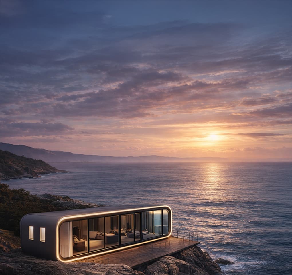 NanoNest modular home exterior at dusk